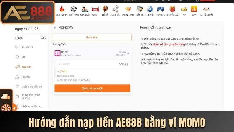 Hướng dẫn nạp tiền AE888 bằng ví MOMO