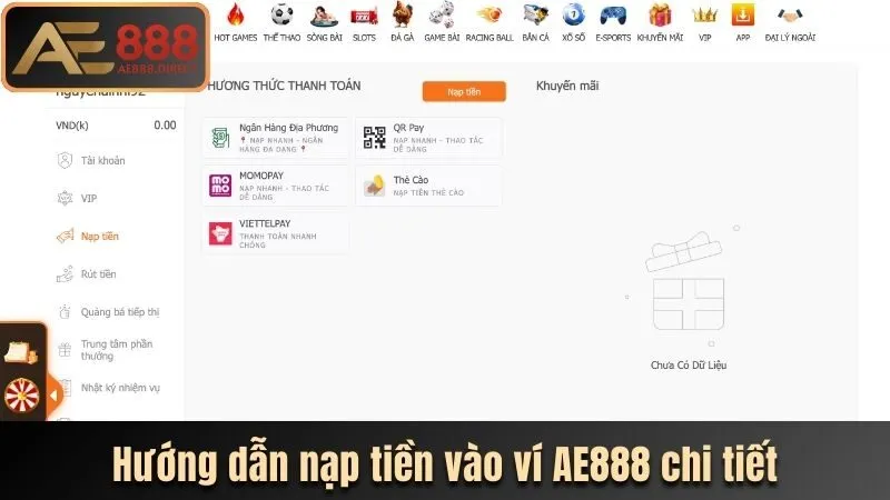 Hướng dẫn nạp tiền vào ví AE888 chi tiết